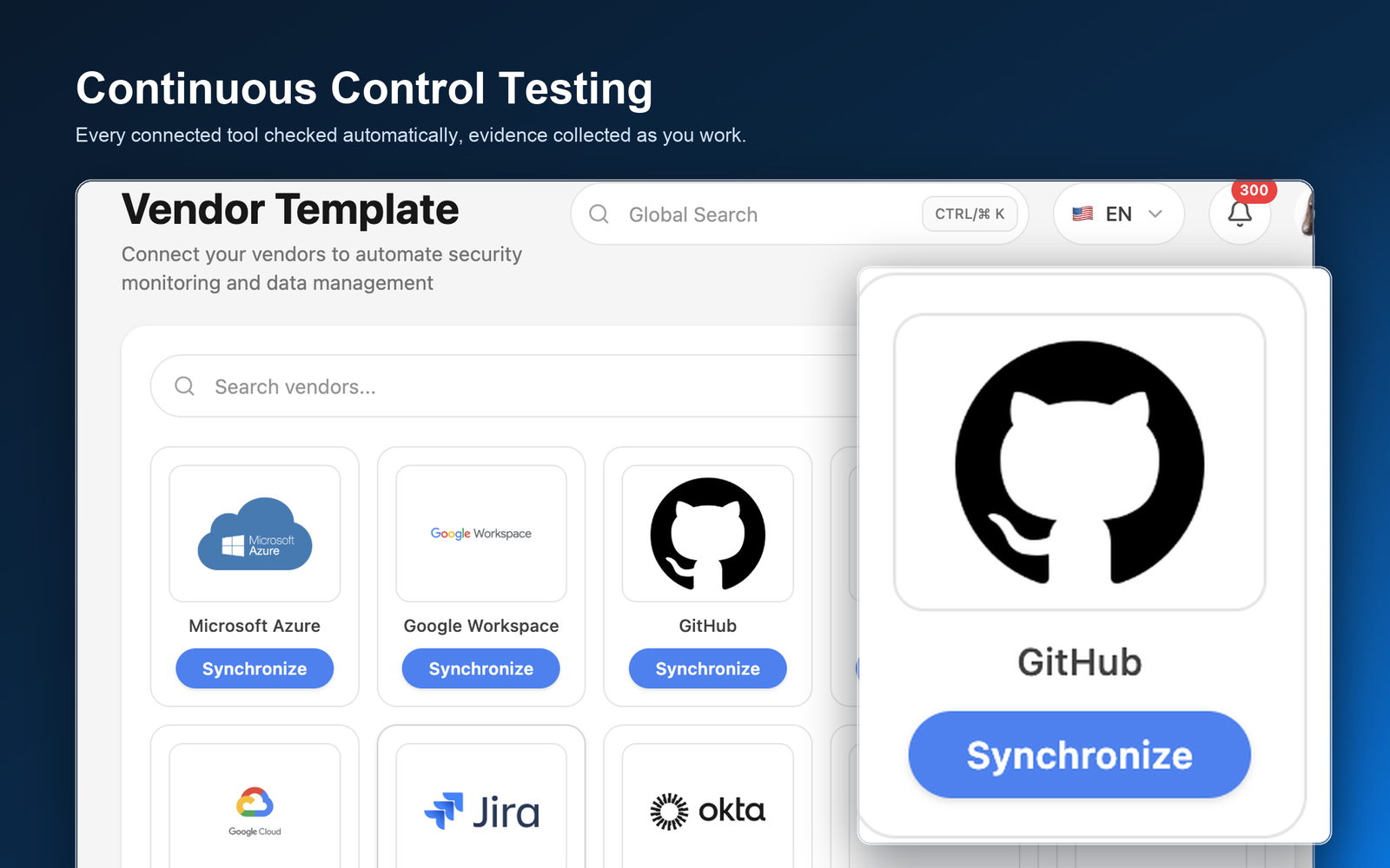 Real integrations, not mockups: GitHub, AWS, Okta, and more sync in one click.